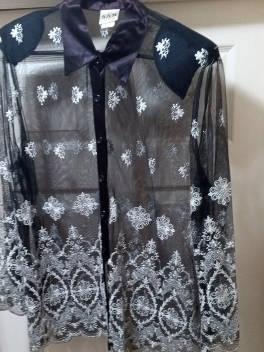 $15✔️Burgandy Black Sheer Shirt with White Embroidery